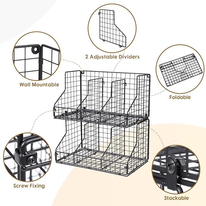 2 Pack Stackable Can Rack Organizer for Pantry Storage,Can Dispensers with 4 Adjustable Dividers, 2-Tier Metal Wire Basket Beverage Pop Soda Rack for Kitchen Cabinet Pantry, Black