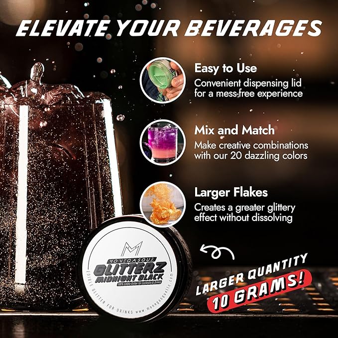 MONÉGASQUE Black Edible Glitter for Drinks 10g – Halloween Edible Glitter for Cakes & Cocktails – Cocktail & Drink Shimmer Dust – Cupcake Sprinkles Decorating Toppers & Cake Decorations Spray Sparkles