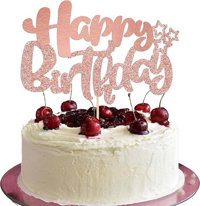 Ephlyn 1Pcs Happy Birthday Cake Topper Glitter Cake Pick for Celebrating Anniversary Theme Party Cake Decorations Supplies Rose Gold