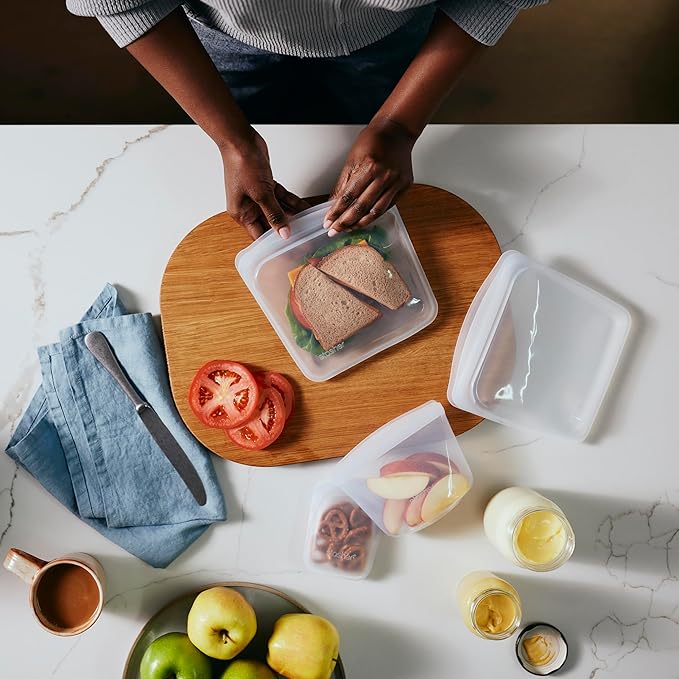 Stasher Premium Silicone Reusable Food Storage Bags and Stretch Lids 10-Pack, Clear, Airtight Seal, Food Containers & Covers, Boxed Starter Kit, BPA Free, Leak-free, Dishwasher Safe, Eco-Friendly