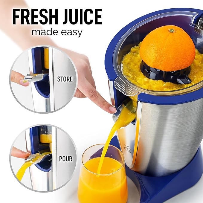Zulay Electric Citrus Juicer - Makes Fresh Orange, Lemon, Grapefuit, Lime Juice - Stainless Steel, 160W Powerful & Quiet, Interchangeable Cones -Filters Out Seeds & Pulp - Dishwasher Safe Parts - Blue