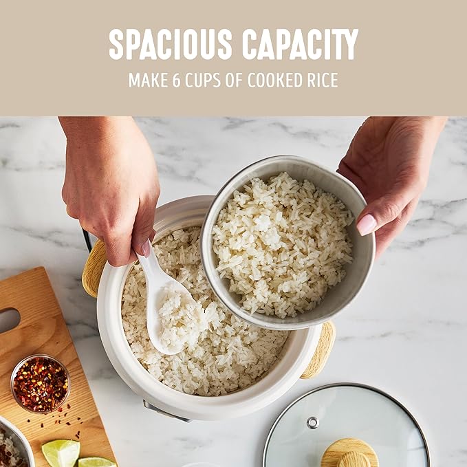 GreenLife Electric Rice Cooker, 3-Cups Uncooked/6-Cups Cooked, Removable PFAS-Free Nonstick Pot, One-Switch Design, Auto Keep Warm, Small Space Saving, Rice Paddle, Soup, Grains, Oatmeal, 1.5 QT, Cream