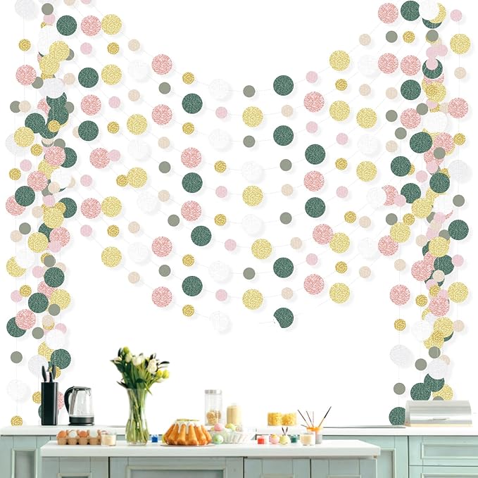 Outus 10 Pieces Colorful Dots Paper Garland Round Glitter Garland Hanging Confetti Streamers Backdrop Decoration for Birthday Classroom Candy Sprinkles Trunk or Treat Party (Sage Green,Pink,Gold)