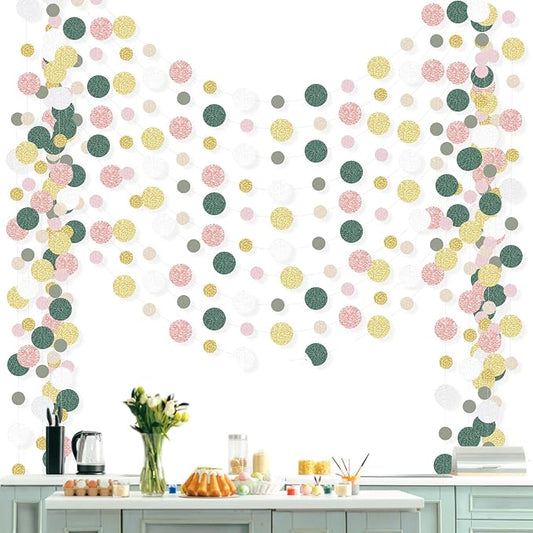 Outus 10 Pieces Colorful Dots Paper Garland Round Glitter Garland Hanging Confetti Streamers Backdrop Decoration for Birthday Classroom Candy Sprinkles Trunk or Treat Party (Sage Green,Pink,Gold)