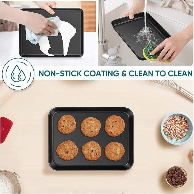 E-far Baking Sheet Set of 2, 10.5" x 8" x 1" Cookie Sheet Pan for Baking, Nonstick Carbon Steel Baking Trays for Toaster Oven, Heat-Resistant & Easy Clean, Black