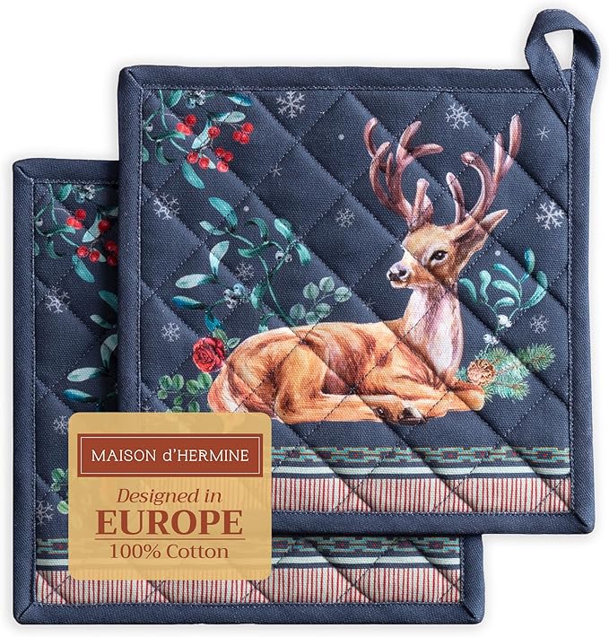 Maison d' Hermine Pot Holders Set 100% Cotton Heat Resistant Potholders 8" x 8" Hot Pads with Loop BBQ, Cooking, Baking, Grilling, Kitchen, Handling Hot Pans (Pack of 2, Christmas Joy)