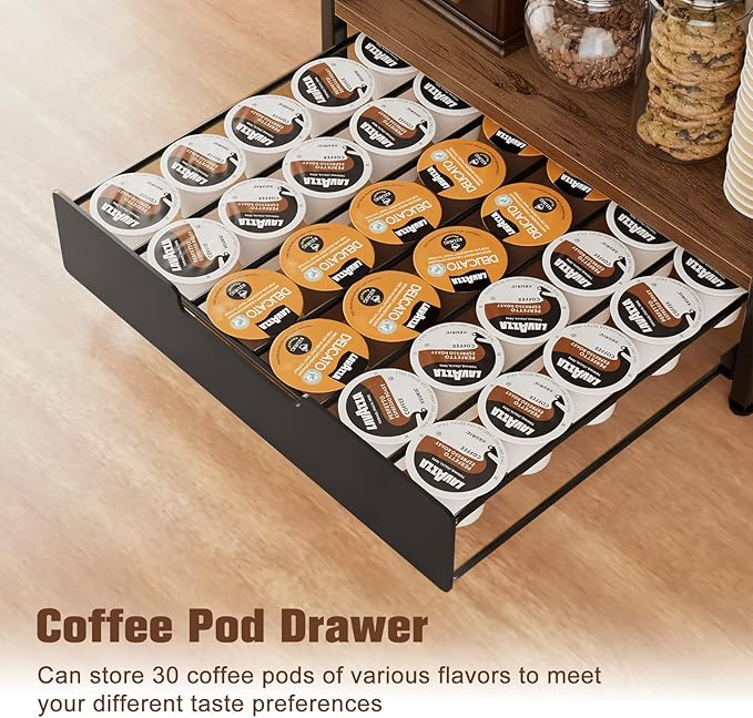 Coffee Bar Organizer, 3 Tier Coffee Station Organizer for Countertop, 30 K Cup Pod Drawer, Mug Cup Holder Stand With 12 Hooks, Multifunctional K Pods Shelf Storage Holder Drawer