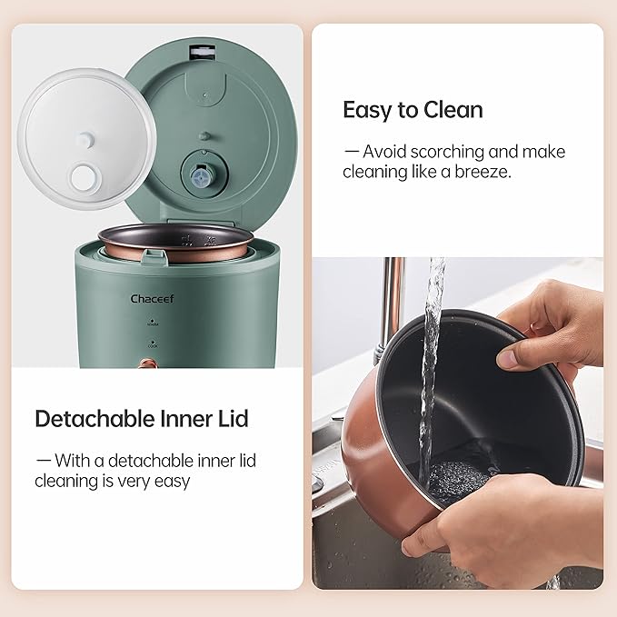 CHACEEF Mini Rice Cooker 2 Cups Uncooked, 1.2L Rice Cooker Small with Non-stick Pot, Portable Travel Rice Maker with One Touch & Keep Warm Function, White Rice, Brown Rice, Oatmeal, Green