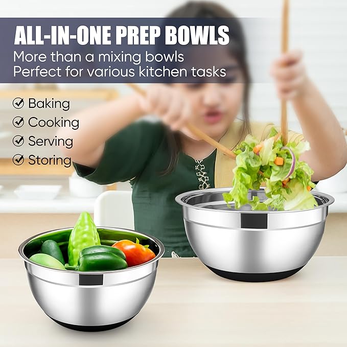 E-far Stainless Steel Mixing Bowls with Lids Set, 5-Piece Nesting Salad Bowls with 3 Grater Attachments and Non-Slip Bottoms, Size 4.6, 2.6, 2, 1.5, 1QT for Kitchen (Black)