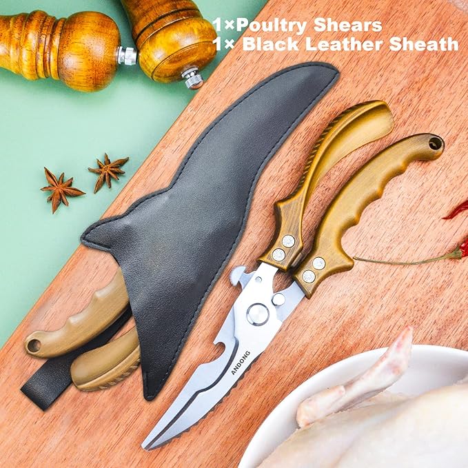 ANDONG Kitchen Shears - Heavy Duty Stainless Steel Poultry, Meat & Bone Scissors with Black Leather Sheath for Food