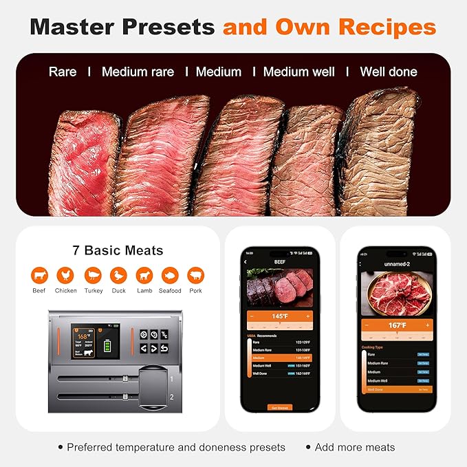 Dual Probes Meat Thermometer, Smart Digital Magnetic Standalone Base, Bluetooth Wireless Meat Thermometer Remote Tracking and Real-Time Readings, iOS and Android, for Grill, BBQ, Smoker