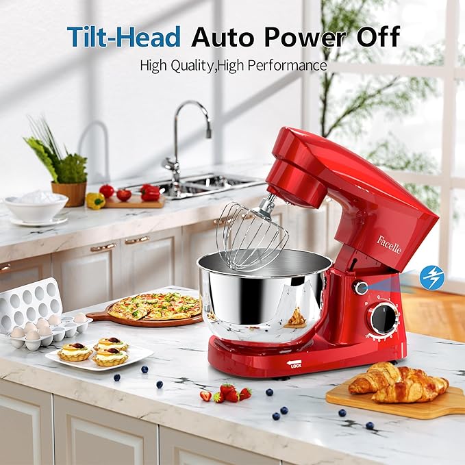 Facelle Stand Mixer, 10-Speed 6QT Kitchen Electric Mixer, Tilt-Head Food Mixer with Beater, Dough Hook, Wire Whip and Egg Separator, scraper for Most Home Cooks - Red
