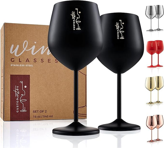 Gusto Nostro Stainless Steel Wine Glass - 18 oz - Unbreakable Black Wine Glasses for Travel, Camping and Pool - Fancy, Unique and Cool Portable Metal Wine Glass for Outdoor Events, Picnics (Set of 2)