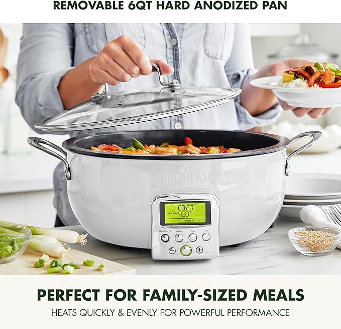GreenPan Elite Essential Smart Electric 6QT Skillet Pot,Sear Saute Stir-Fry and Cook Rice, Healthy Ceramic Nonstick and Dishwasher Safe Parts, Easy-to-use LED Display, PFAS-Free, Cream White