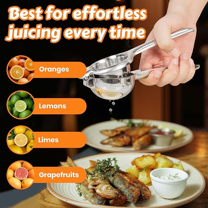 Stainless Steel Lemon Squeezer | Heavy Duty Handheld Juicer with Large Bowl | Premium Manual Citrus Press | Stainless Steel Lemon Lime Squeezer & Juicer Hand Press | Rust-Resistant, Dishwasher Safe