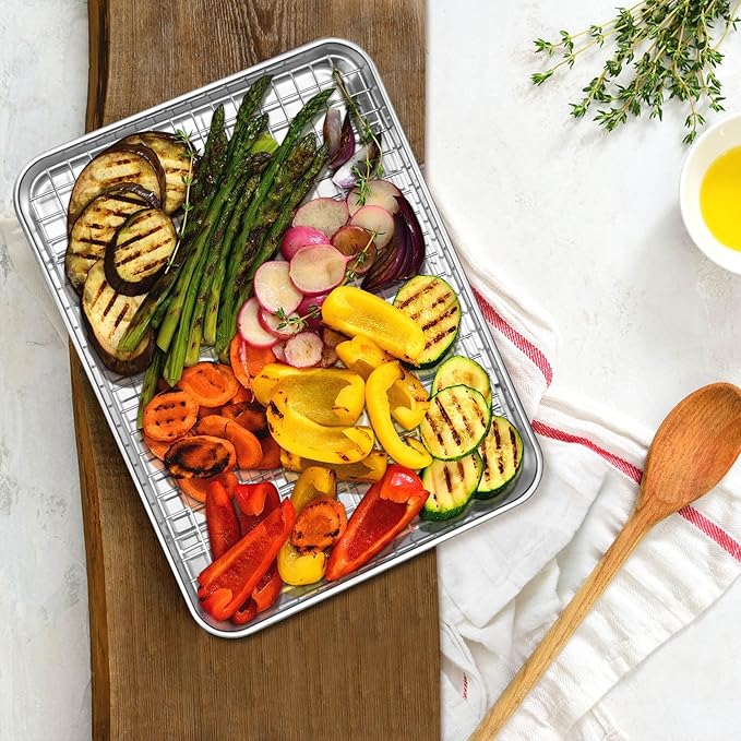 Quarter Sheet Pan with Cooling Rack, Leonyo 1/4 Cookie Sheets for Baking, Wire Rack for Cooking, Nonstick & Stainless Steel Baking Tray for Toaster Oven, Bacon - Size 12.5"x 9.7", 2 Trays + 2 Racks