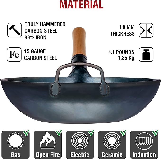 YOSUKATA 13.5” Blue Carbon Steel Wok Pan – Pre-Seasoned Flat Bottom Wok Compatible with open fire, gas, electric, ceramic, induction cooktops -Traditional Chinese Pan for Stir Fry, BBQ, Grill, Camping