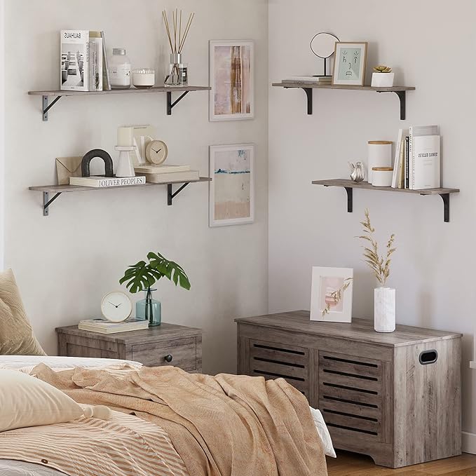 DINZI LVJ Long Wall Shelves, 31.5 Inch Wall Mounted Shelves Set of 2, Easy-to-Install, Wall Storage Ledges with Sturdy Metal Brackets for Living Room, Bathroom, Bedroom, Kitchen, Greige