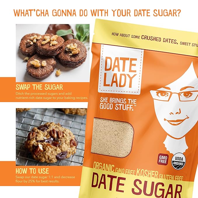 Date Lady Date Sugar, 1 lb, Organic | 100% Whole Food | Vegan, Paleo, Gluten-free & Kosher | Sugar Substitute and Alternative Sweetener for Baking | Will Not Dissolve in Your Coffee (2 Bags)