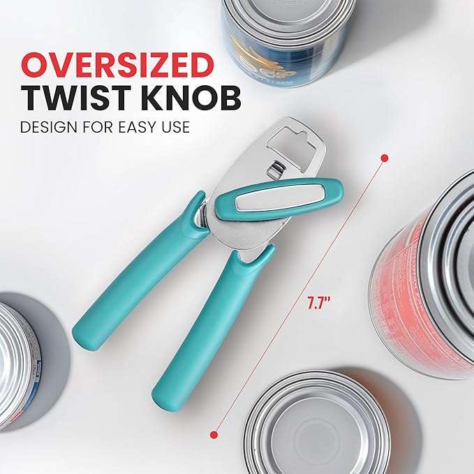 Zulay Kitchen Heavy Duty Stainless Steel Manual Can Opener – Ergonomic Soft Grip Handles, Smooth Edge Cutting Wheel & Large Built In Bottle Opener – Easy Turn Knob for Effortless Use - Aqua