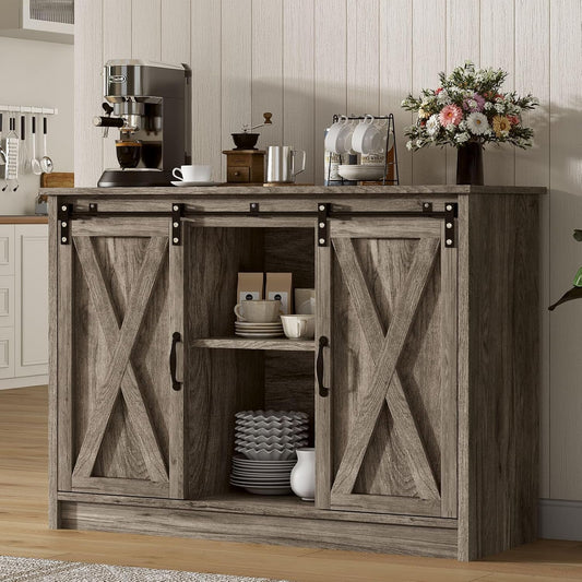 4 EVER WINNER Farmhouse Coffee Bar Cabinet with Sliding Barn Door, 42” Coffee Bar Table with Adjustable Shelves, Buffet Cabinet with Storage for Kitchen Living Dining Room, Wash Grey