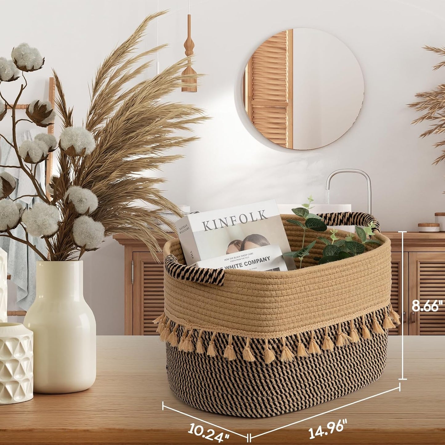 TeoKJ Set of 3 Baskets for Organizing, Decorative Rope Baskets for Storage, Storage for Pets, books, Pillows, Toys & Cloths, Black & Jute