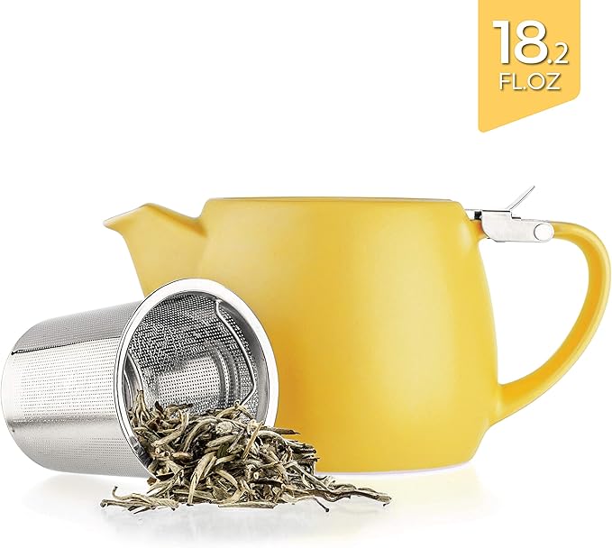 Tealyra - Pluto Porcelain Small Teapot Yellow - 18.2-ounce (1-2 cups) - Matte Finish - Stainless Steel Lid and Extra-Fine Infuser To Brew Loose Leaf Tea - 540ml