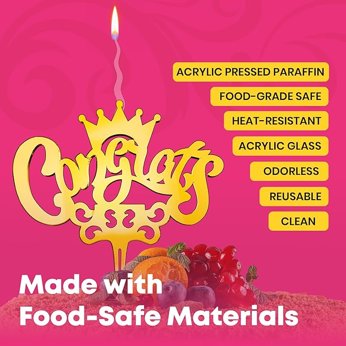 Congrats Reusable Gold Cake Candle - Luxury Cake Topper Candle for Birthdays, Weddings & Anniversaries - Reusable Food Safe Acrylic, Shiny Mirror Finish - Happy Birthday Cake Topper Decor