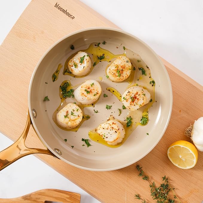 bloomhouse - Oprah's Favorite Things - 8 Inch Heavy Duty Aluminum Premium PFA Free Ceramic Nonstick Saute/Deep Frying Pan Skillet - Almond Cream w/Gold Handle
