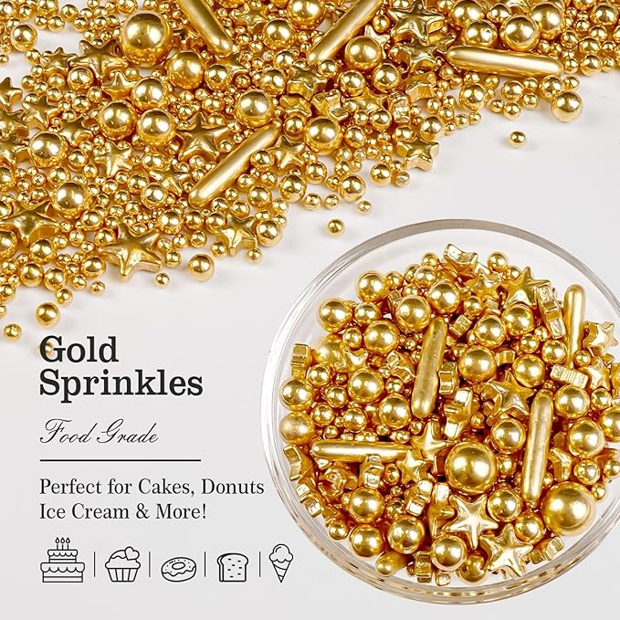 Gold Pearl Star Rods Sprinkles, Edible Gold Pearls Sprinkles for Cake Decorating, 150g/5.29oz, Cake Decoration, Cake Toppers, Wedding Party, Christmas Baking Supplies