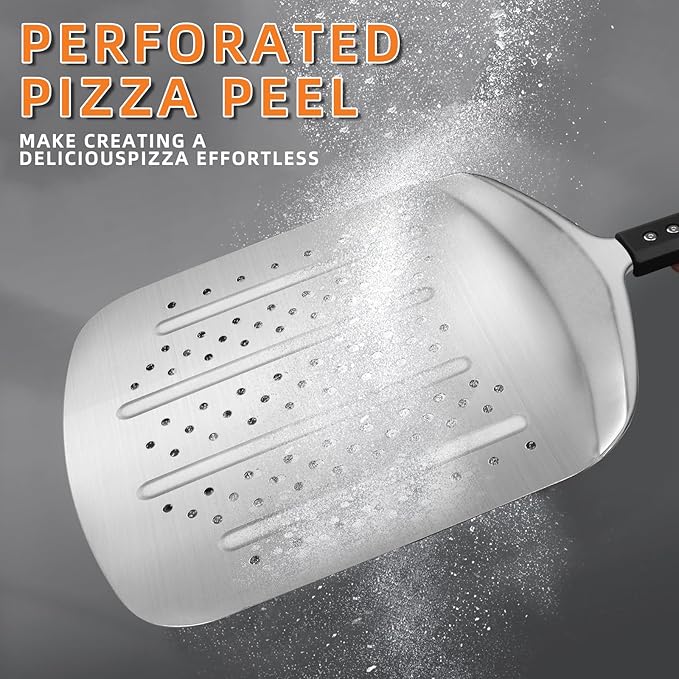 MANJIA Perforated Pizza Peel – 12 inch Aluminum Pizza Paddle with Rocker Cutter Storage Bag – Lightweight Nonstick Metal Pizza Paddle Set for Homemade Baking Pizza Oven & Stone (silver)