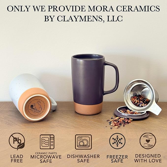Mora Ceramics Large Tea Mug with Loose Leaf Infuser and Ceramic Lid, 18 oz, Portable, Microwave, Dishwasher Safe, Tall Coffee Cup - Rustic Matte Ceramic Glaze, Modern Herbal Tea Strainer, Nightwaves