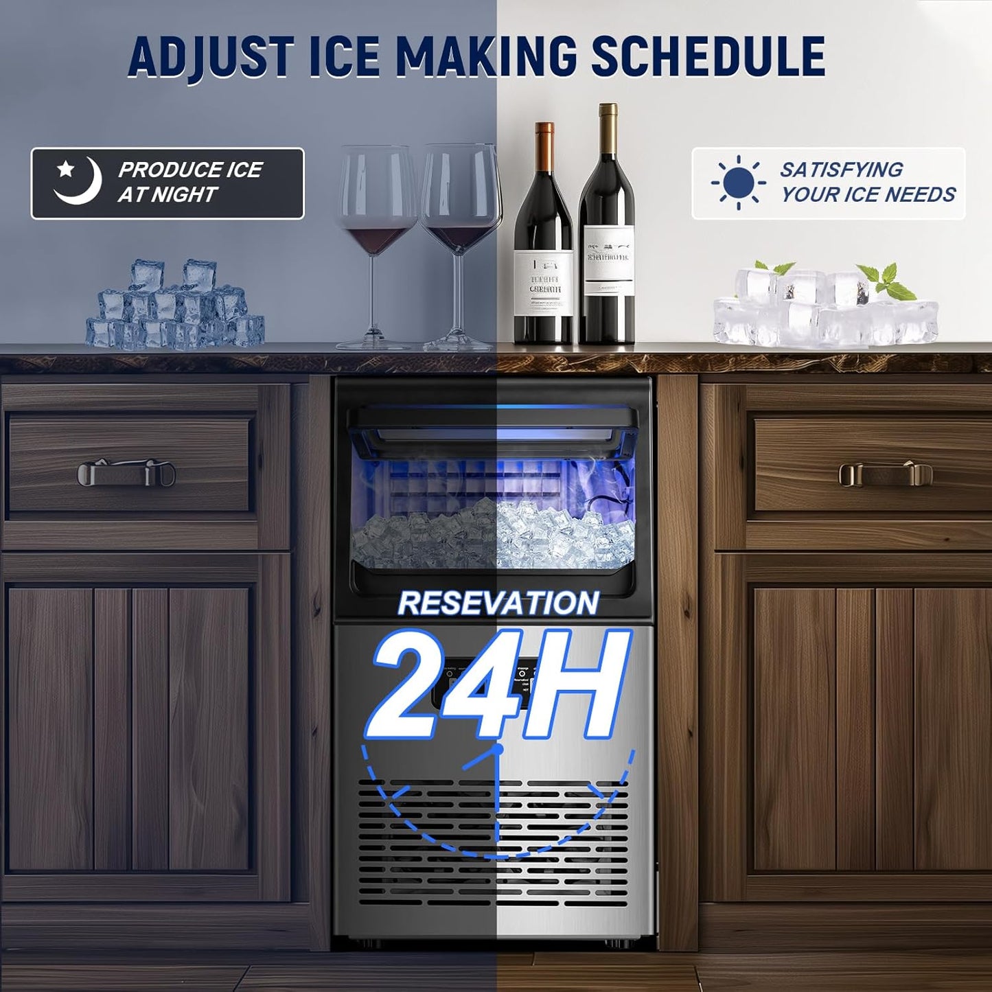 100LBS/24H High Output - Commercial Ice Maker with 20LBS Storage Bin - Dual Water Inlets, 36 Ice Cubes/Cycle, 15" Compact Undercounter/Freestanding Design - Self-Cleaning for Home Bars, Outdoor