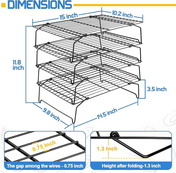 P&P CHEF 4-Tier Cooling Rack Set, Stainless Steel Stackable Baking Cooking Racks for Cooling Roasting Cooking, Raised & Folding Feet, Oven Safe & Easy Clean, 15" x 10", Black