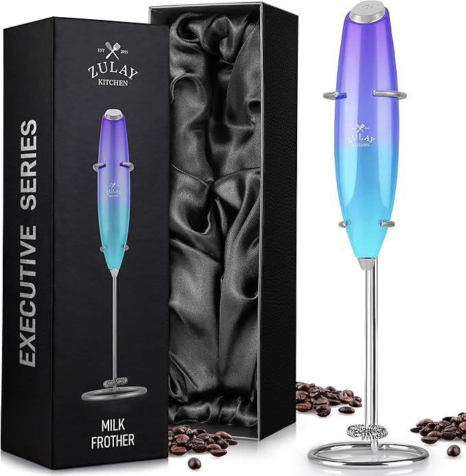 Zulay Executive Series Ultra Premium Gift Milk Frother - Coffee Frother Handheld Foam Maker For Lattes - Electric Milk Frother Handheld For Coffee - Purple Teal Fade w Silver OG Stand