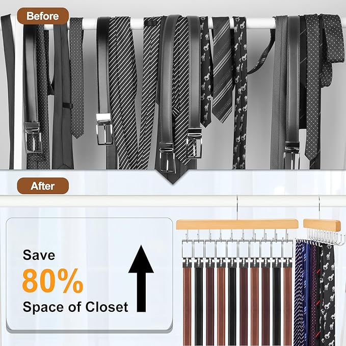 TOPIA HANGER 2 in 1 Belt Tie Hanger for Closet Max 30 Belts with 30 Ties Capacity, 20 Hooks Belt Tie Racks Wooden Hanger for Closet Organizer Storage Space Saving “U” Fit Belt and “一” Fit Tie - CT47N