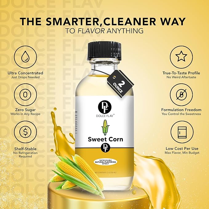 Dolce Flav Natural Sweet Corn Extract – 2 Ounce Water-Soluble Kosher, Sugar-Free, Concentrated Savory-Sweet Flavor for Baking, Cornbread & Ice Cream, Includes Measured Dropper