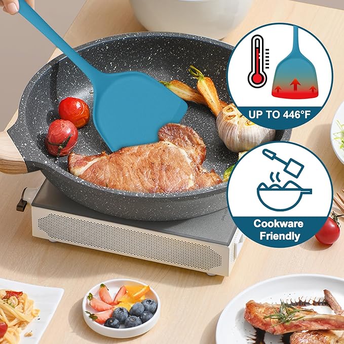 TeamFar Silicone Spatulas Set of 2, Solid & Slotted Cooking Turner for Non-stick Cookware, for Flipping/Turning/Frying, Healthy & Seamless, Heat-Resistant & Non-Scratch, Dishwasher Safe, Dark Blue