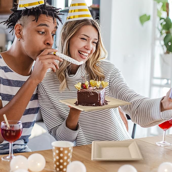 Gezond 100 Pack Compostable Square Plates 10 Inch Disposable Paper Plates Sugarcane Square Dinner Plate Unbleached Eco-friendly Large Plate for Party