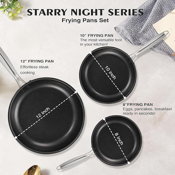 KITEXPERT Non Stick Frying Pans Set, Titanium Ceramic Pan with Lids, Nonstick Skillet Stainless Steel, PFAS PFOA & PTFE Free, Dishwasher & Oven Safe, All Cooktops Compatible, 3 Piece (8, 10, 12")