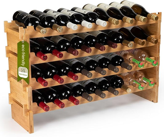 DECOMIL - 36 Bottle Large Wine Rack, Stackable & Modular Wine Storage Rack, Solid Bamboo Wine Holder Display Shelves, Wobble-Free (Four-Tier, 36 Bottle Capacity)