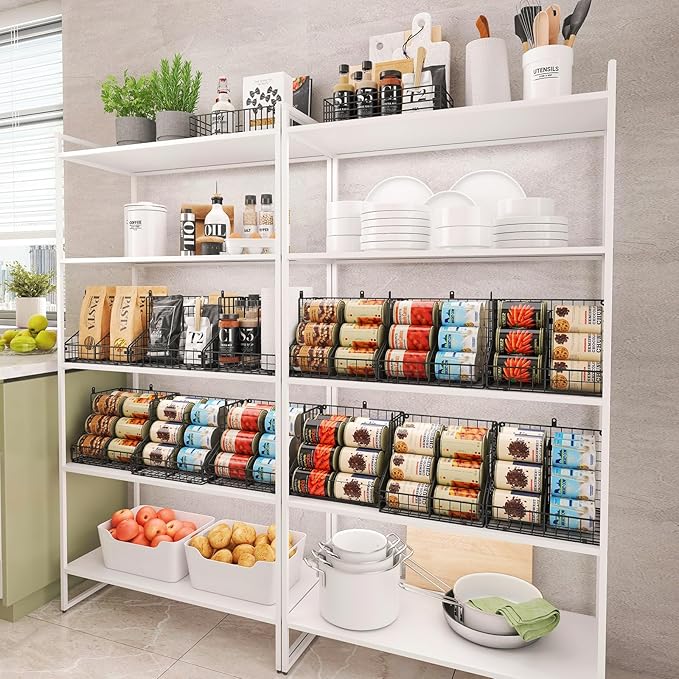 4 Pack Stackable Can Organizer for Pantry with Adjustable Dividers, Soda Can Organizer, Can Storage Dispenser Holds up to 56 Cans, Metal Wire Baskets Can Holder for Kitchen Cabinet Pantry