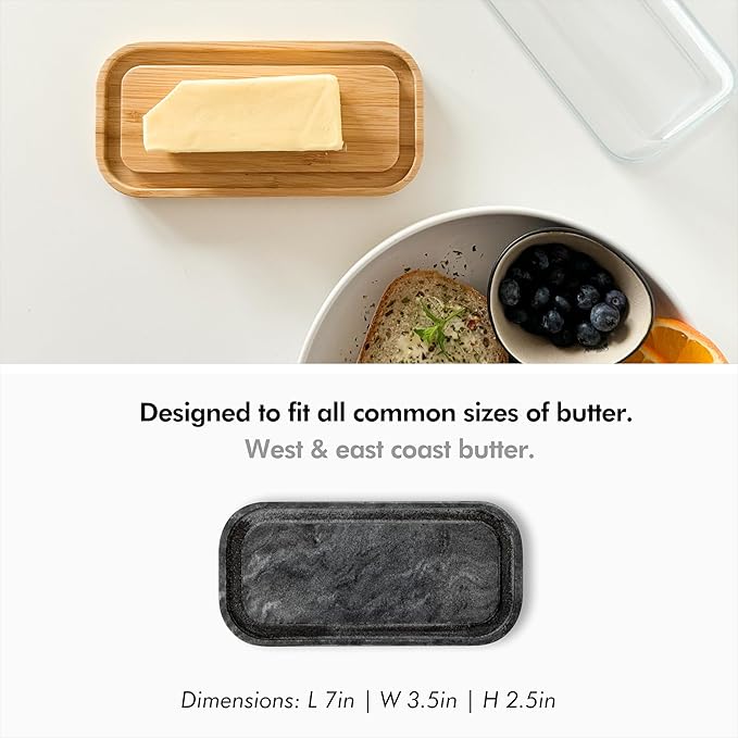 KIVY Butter Dish (Black Marble & Glass) - For countertop and refrigerator door shelf - Marble butter keeper - Stone butter dish - Glass butter dish with lid - Dishwasher Safe
