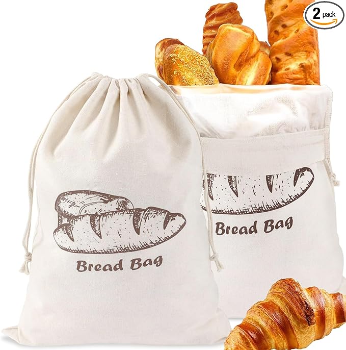Bread Bag with Inside Lining, 2 Pack Reusable Linen Bread Storage Bags, 11.75" x 11.5" Homemade Bun Container, Double Drawstring Closure for Fruit and Baguette, Artisan Bread Storage
