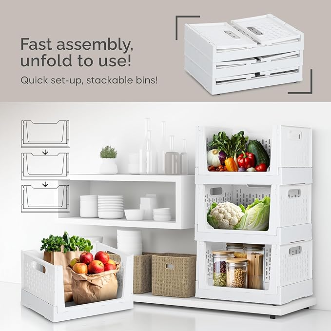 Skywin TidyFriend Stackable Storage Bins with Wheels, 3 Pack Foldable Storage Bins Box, Plastic Shelves Drawer Organizer Container for Closet Office Bedroom Kitchen Bathroom (Ivory)