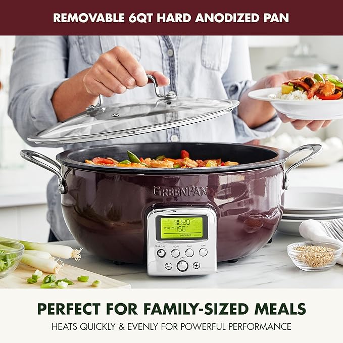 GreenPan Elite Essential Smart Electric 6QT Skillet Pot,Sear Saute Stir-Fry and Cook Rice, Healthy Ceramic Nonstick and Dishwasher Safe Parts, Easy-to-use LED Display, PFAS-Free, Fantasy Fig