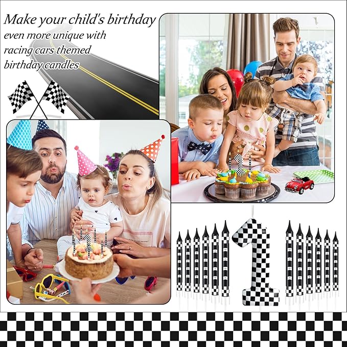 13 Pcs Racing Cars Themed Birthday Candles Black and White Race Number 1 Checkered Candle Cake Topper for Racing Car Party Decoration Supplies (Number 1)
