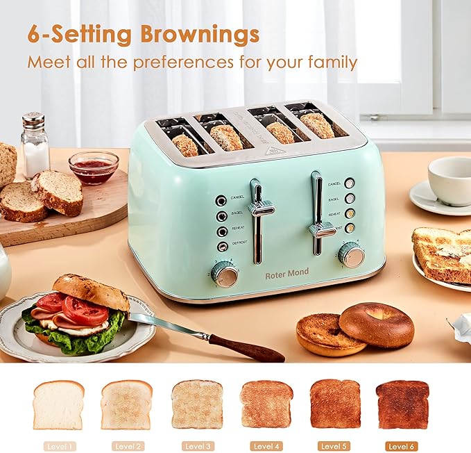 Toaster 4 Slice Retro Stainless Steel with Extra Wide Slots Bagel, Defrost, Reheat Function, Dual Independent Control Panel, Removable Crumb Tray, 6 Browning Levels, Aqua Green