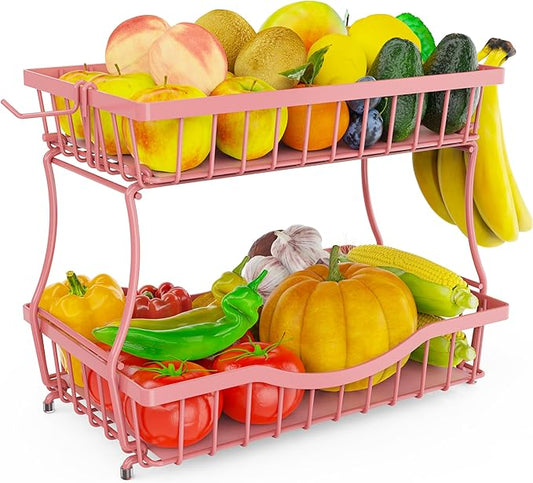 Large 2-Tier Fruit Basket for Kitchen Counter with 2 Banana Hangers – Metal Fruit Bowl for Onion, Vegetable, Snacks, Breads Storage – Countertop Organizer – Pink