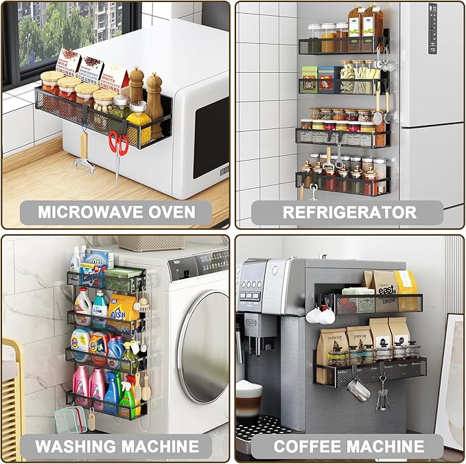 Magnetic Spice Rack for Refrigerator, 4 Pack Magnetic Shelf, Fridge Magnet Organizer with Moveable 8 Hooks, Magnetic Fridge Shelf for Kitchen Organization and Storage (4 Pack)